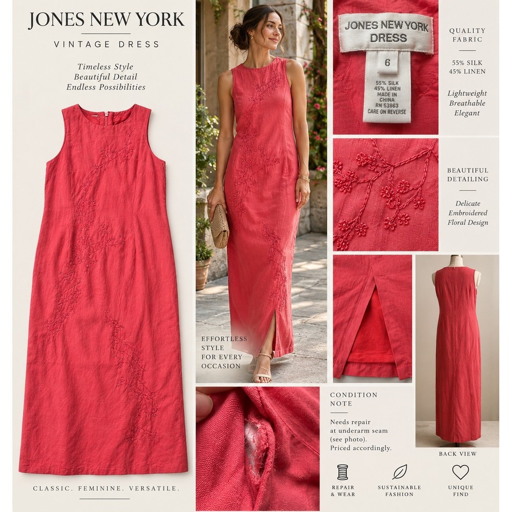 Jones New York Dress 6 Coral Silk Linen Embroidered Maxi Column Vintage Y2K